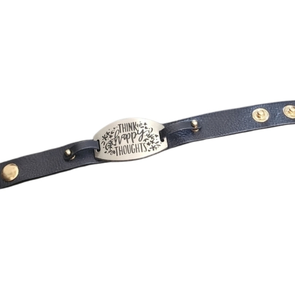 Black Faux Leather Bracelet Silver Plate